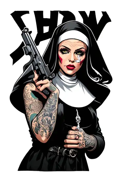 an attractive gangster evil nun with tattoos holding a gun and smoking a cigarette - Variation 2