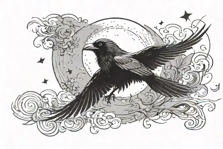 a crow flies to the right against the sky, under the wing on the right is the moon - Variation 2