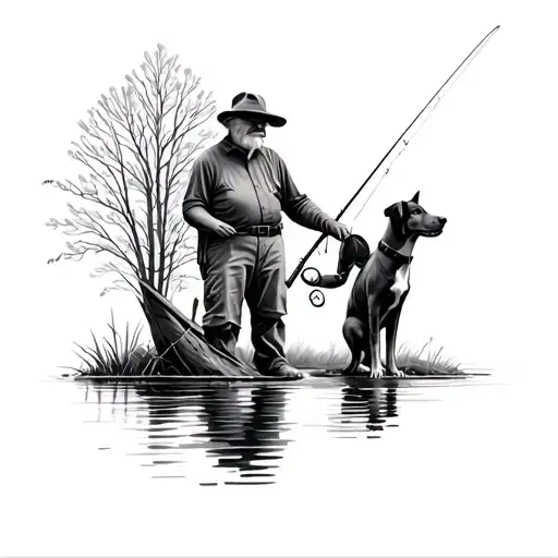grandpa, granddaughter ,and dog fishing