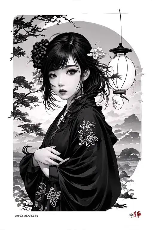 Japanese air lanterns, a girl of Asian appearance, minivan Honda Stepwgn - Variation 2