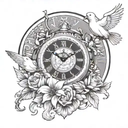 clock with flowers growing and doves flying - Variation 1