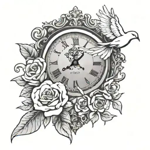 clock with flowers growing and doves flying - Variation 2