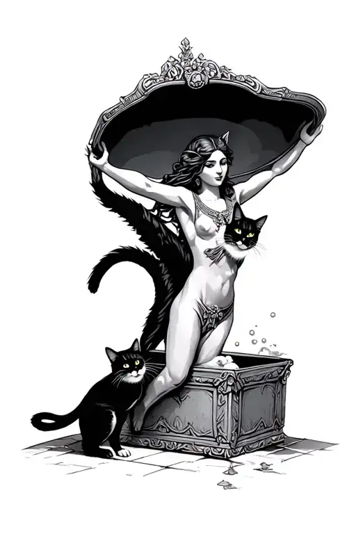 greek mythos with pandora opening her box with 2 cats leaping from the box