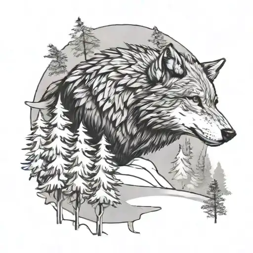 wolf in snow with trees and eagle in the sky - Variation 1