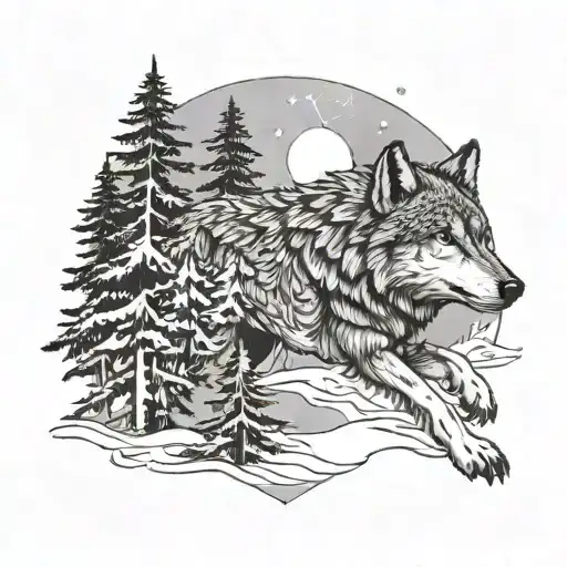 wolf in snow with trees and eagle in the sky - Variation 2