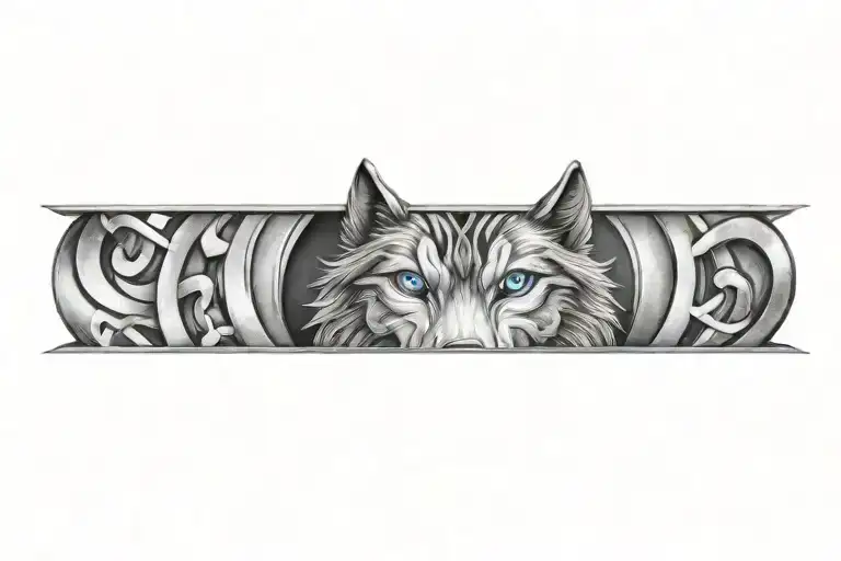 wolf with blue eyes on armor tattoo design featuring Celtic trinity knot - Variation 3