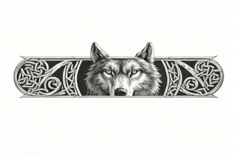 wolf with blue eyes on armor tattoo design featuring Celtic trinity knot - Variation 4
