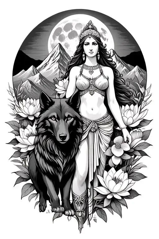 sexy Athena goddess surrounded by poeny and lotus flowers growing with a black wolf in a mountain range with the moon