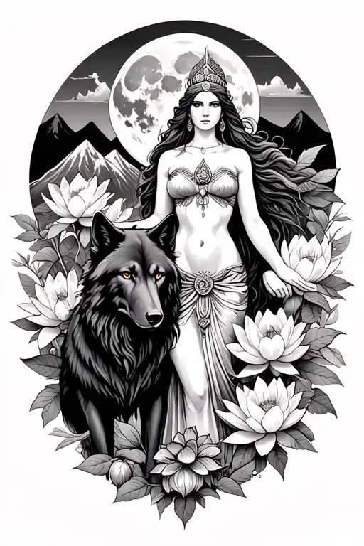 sexy Athena goddess surrounded by poeny and lotus flowers growing with a black wolf in a mountain range with the moon - Variation 2