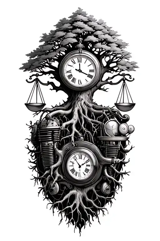 tree of life with roots intertwined with libra scales, v-twin engine and a old clock