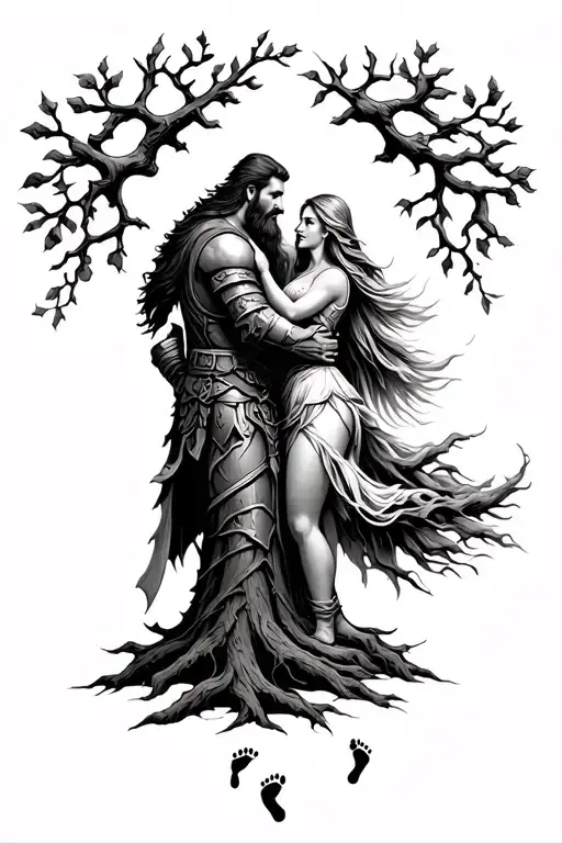viking warrior and valkyrie wife embracing and viking warrior beard turns into tree of life with two footprints in the l - Variation 1