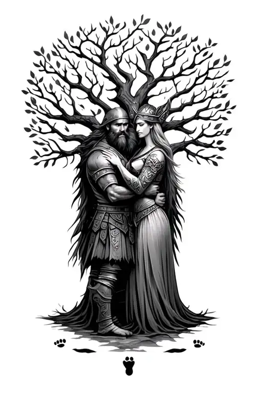 viking warrior and valkyrie wife embracing and viking warrior beard turns into tree of life with two footprints in the l - Variation 2
