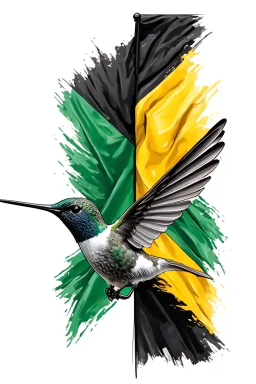 hummingbird in front of a flag half united states of america flag and half Jamaican flag.