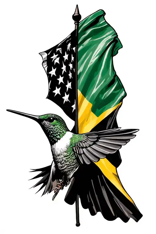 hummingbird in front of a flag half united states of america flag and half Jamaican flag. - Variation 2