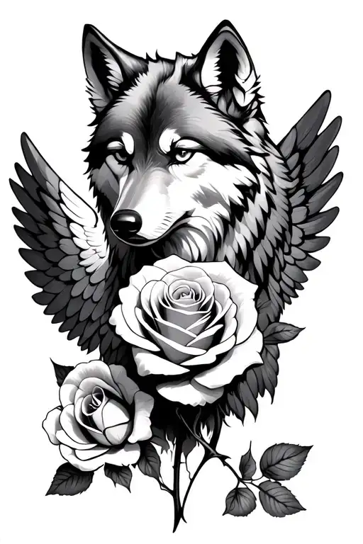 sad wolf with one wing hold rose flower
