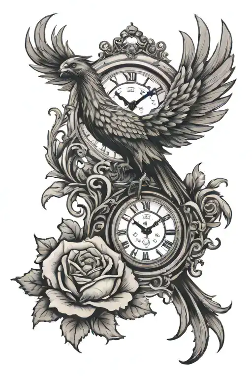 a phoenix on top of a clock with a rose on the side - Variation 2