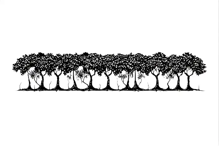 red mangroves in line next to each other, more naturally accurate root systems and leaves showing,  no color - Variation 2