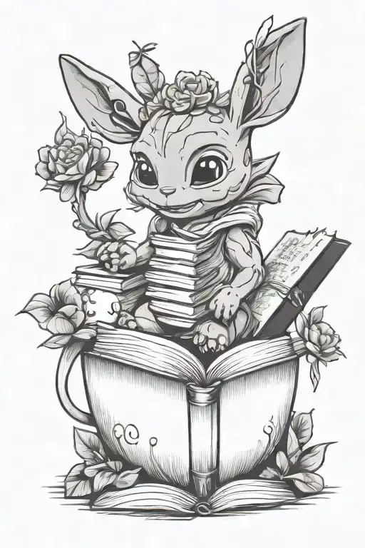 stich and baby groot and Grogu and books and flowers and butterfly and dragon