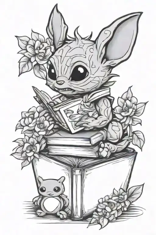 stich and baby groot and Grogu and books and flowers and butterfly and dragon - Variation 2