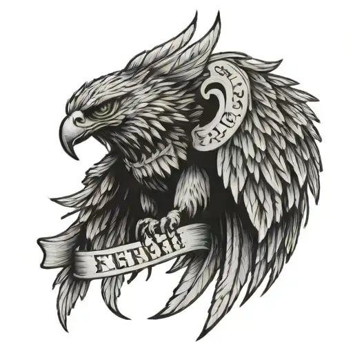 A tattoo design of a fierce eagle clutching a banner with the Latin phrase 'flectere si nequeo supros acheronta movebo' in its talons - Variation 2