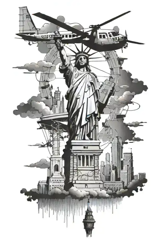 - [ ] Helicopter in the sky hovering over the city - [ ] New York City Statue of Liberty and Brooklyn bridge mixed with