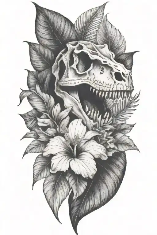 tropical leaves with hibiscus an T Rex skull