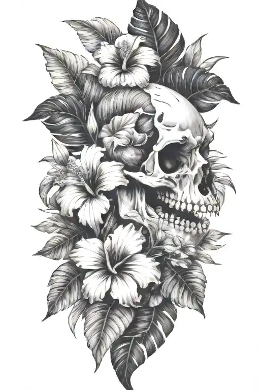 tropical leaves with hibiscus an T Rex skull - Variation 2
