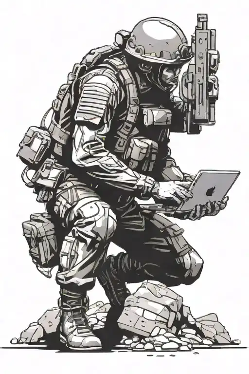 Soldier Fixing Secure Computer in combat