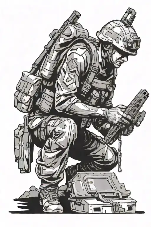 Soldier Fixing Secure Computer in combat - Variation 2