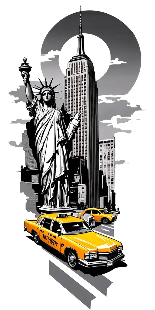 new york inspired tattoo design incorporating yellow taxi, Empire State Building, Statue of Liberty, 5th avenue - Variation 2