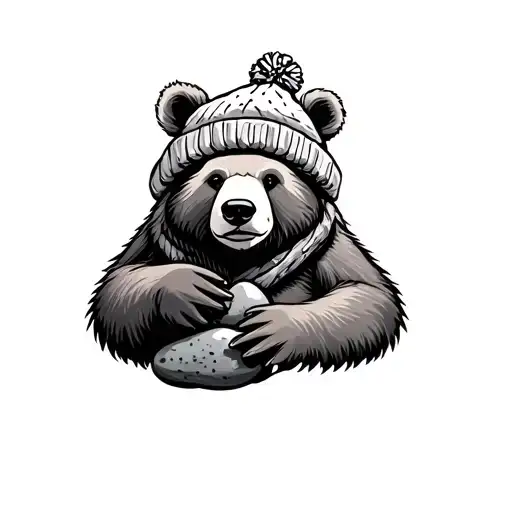 bear wearing winter hat holding pebble - Variation 2