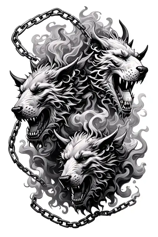 3 cerberus heads with chains and smoke coming together