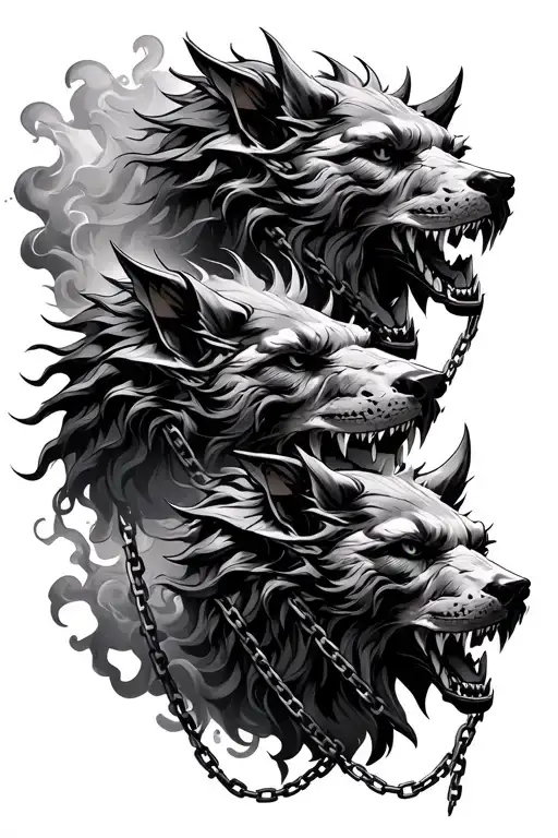 3 cerberus heads with chains and smoke coming together - Variation 2