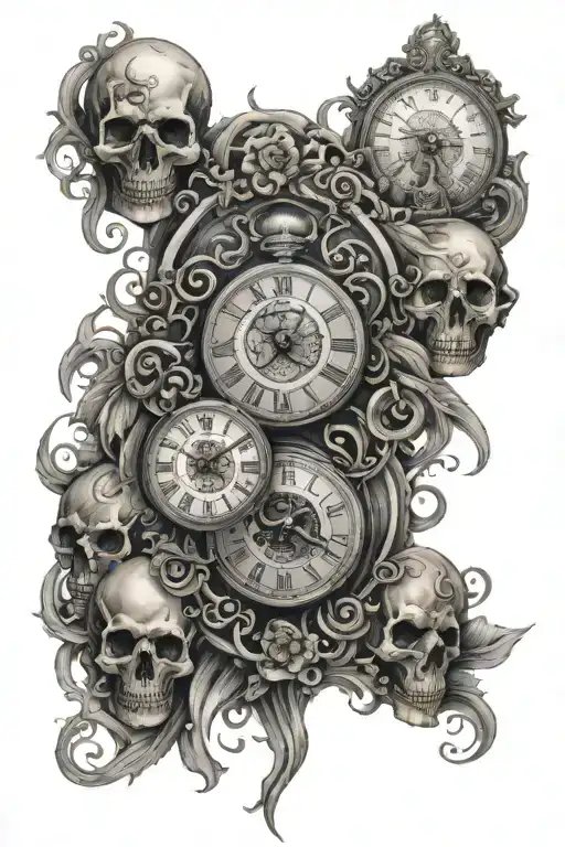 clocks and skulls full sleeve tattoo 