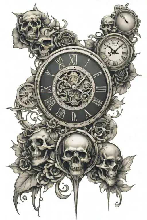 clocks and skulls full sleeve tattoo  - Variation 2