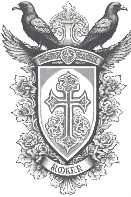 Rooker Family Crest with home in shield with 6 Crows on a celtic cross