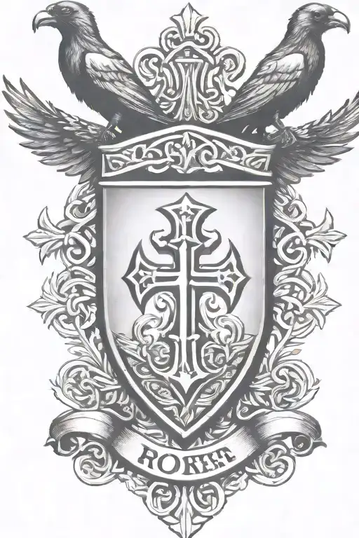 Rooker Family Crest with home in shield with 6 Crows on a celtic cross - Variation 2