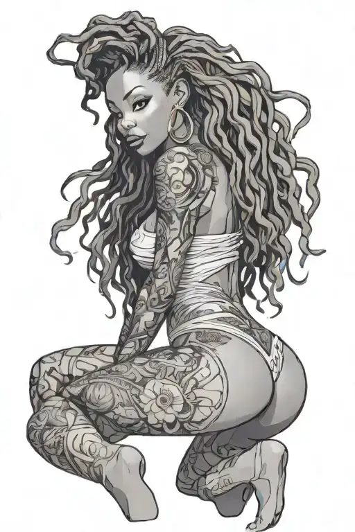 "nude black woman" with big butt, perky bare tits, locs, pretty feet and long legs in anime pin up style goddess - Variation 2