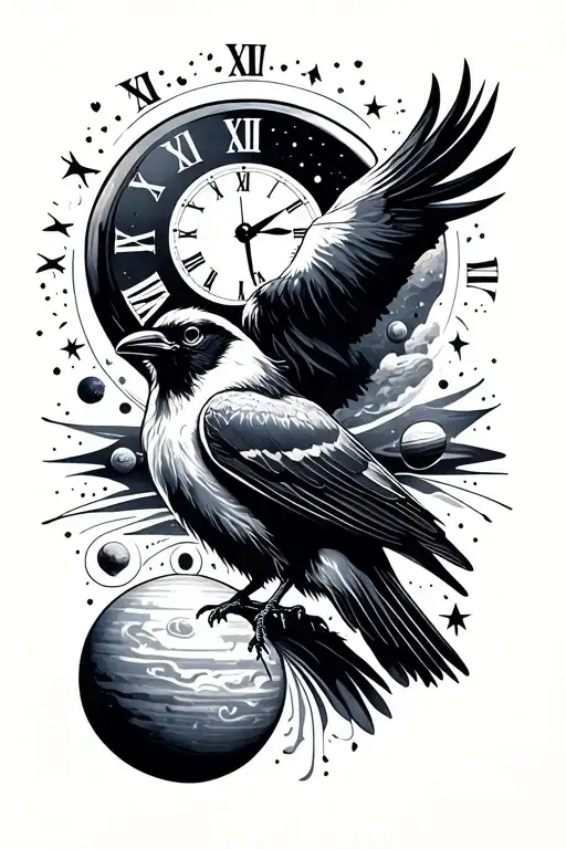 black stary space, planets, time clock, crow