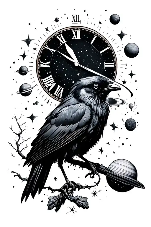 black stary space, planets, time clock, crow - Variation 2