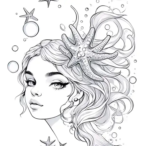 mermaid face bubbles starfish vintage - Variation 1