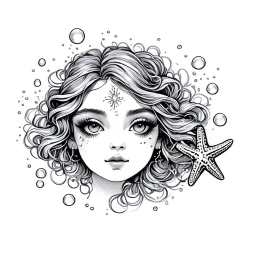 mermaid face bubbles starfish vintage - Variation 2