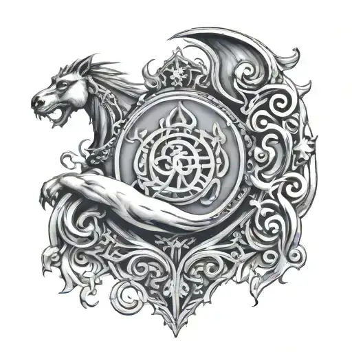 Shoulder tattoo of symbols of ancient Iran, Kroosh and Zoroaster - Variation 2