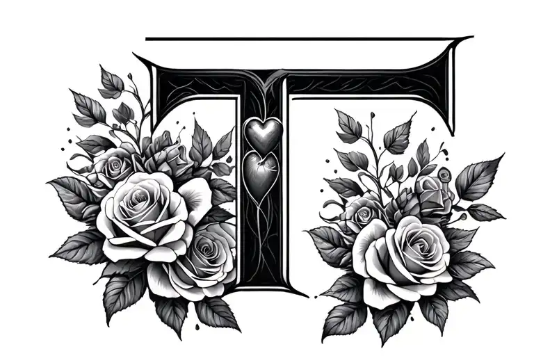 Letter T with some roses and secretive heart built into it - Variation 2