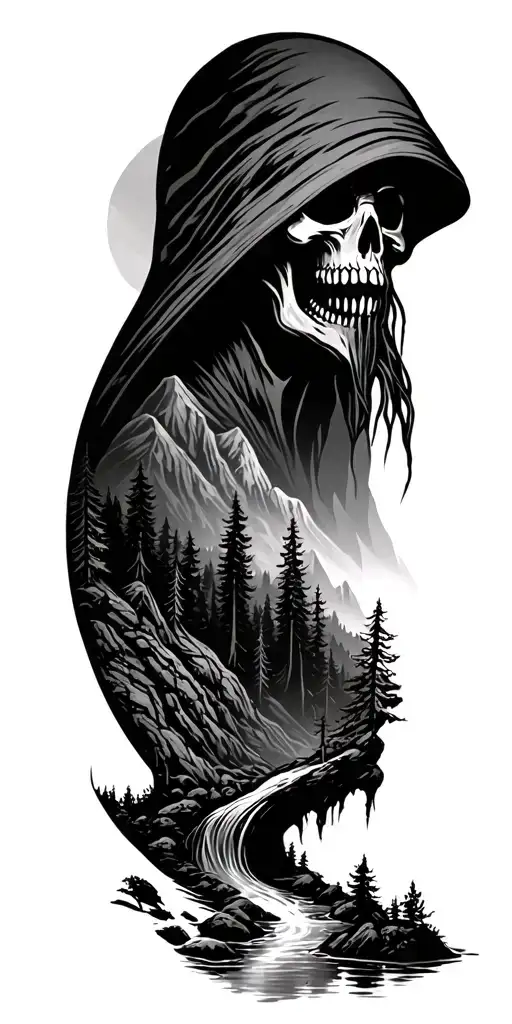 forest with river flowing and mountain range with the reaper hiding