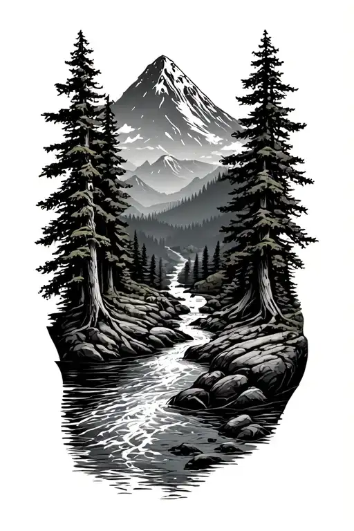 forest with river flowing and  mountain in background 