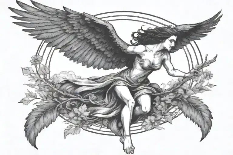 woman with raven head and wings  flying surrounded by forest and sun