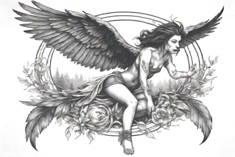 woman with raven head and wings flying surrounded by forest and sun - Variation 2