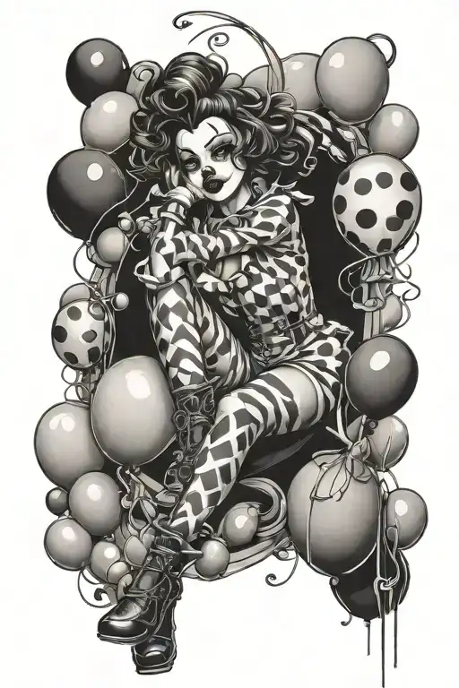 a clown girl with balloons and a spider all over the side of her right leg