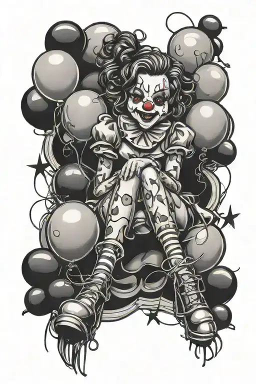 a clown girl with balloons and a spider all over the side of her right leg - Variation 2